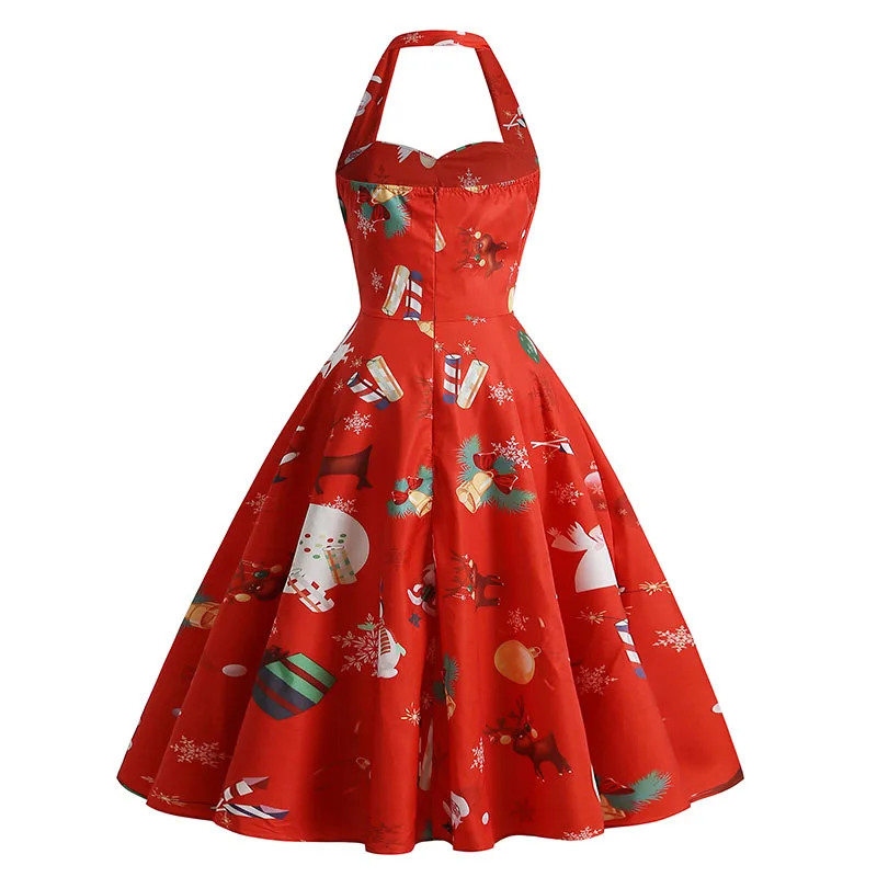 Christmas Print Dress Fashion Elegant Womens Vintage Casual 50s Evening  Swing Party Dresses