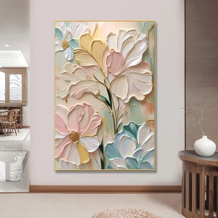 Handmade Acrylic Colorful Floral Minimalist Textured 3D Wall Art Abstract Flowers Paintings for Bedroom
