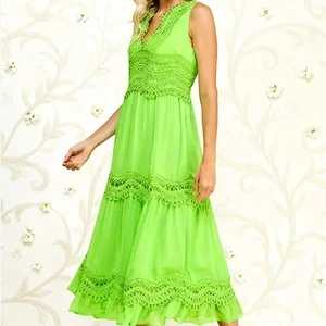 Women's Casual Sweet Boho Solid Woven Maxi Dress V-neck High Waist Sleeveless Lace Zippers Crochet Trim Fit Flare Tropical