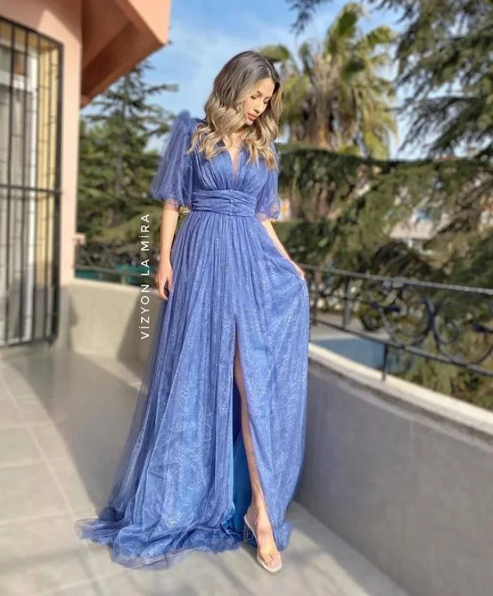 New Model Party Dress Plus Size Plus Size with Glitter Fabric Plus Size Blue Color Evening Dress