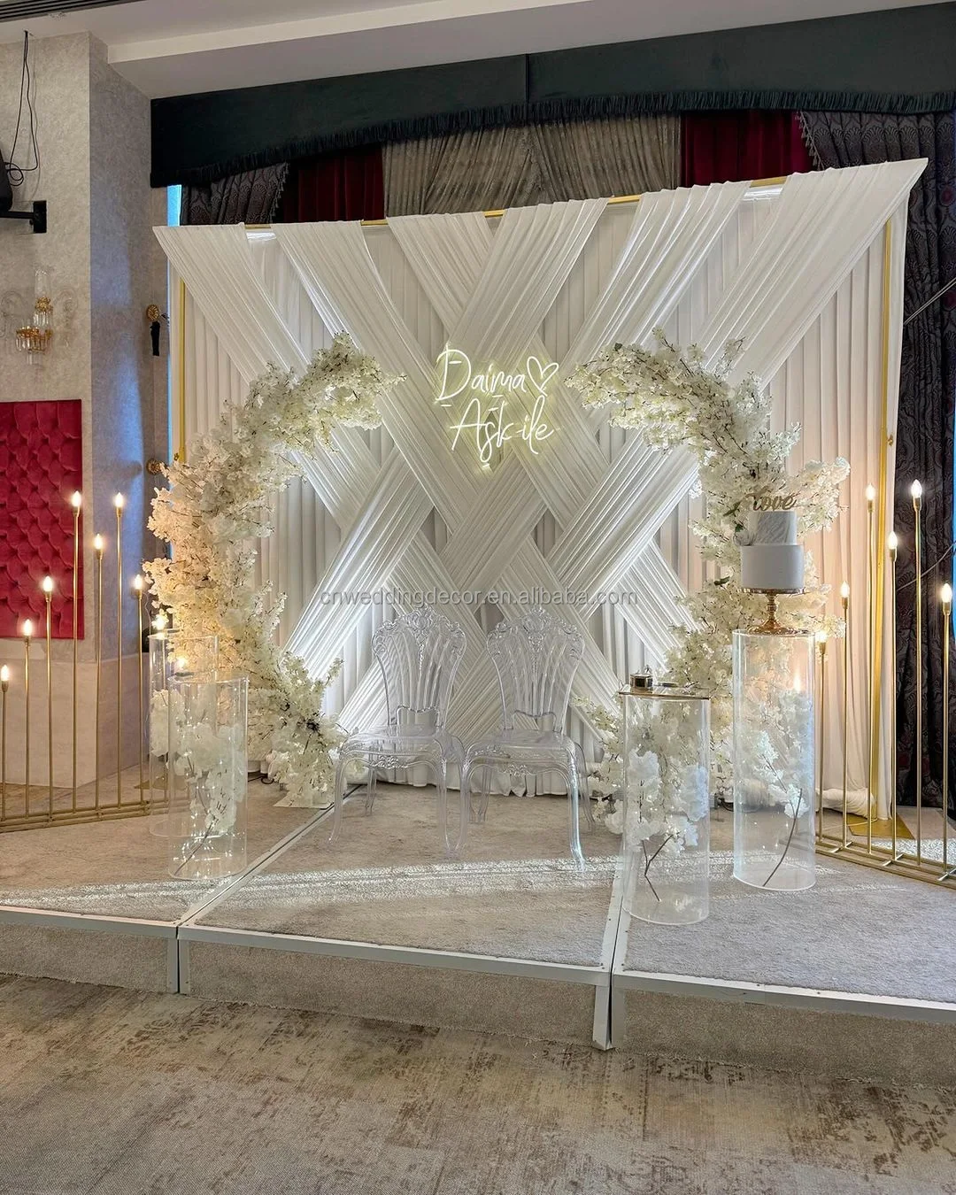 Cheap 3m*3m Pink Backdrop with White Tulle Mesh Drapes