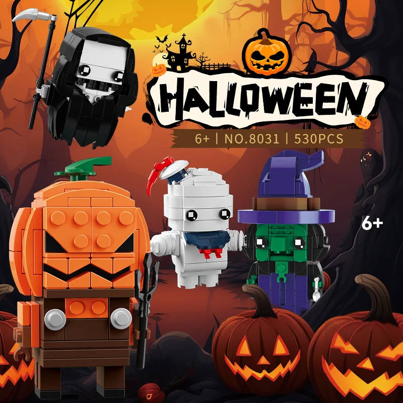 4-IN-1 Halloween Figure Building Block Set Square Brick Head Figure Assembled Nano Block Brick Toy DIY Skull Pumpkin Figure Toy