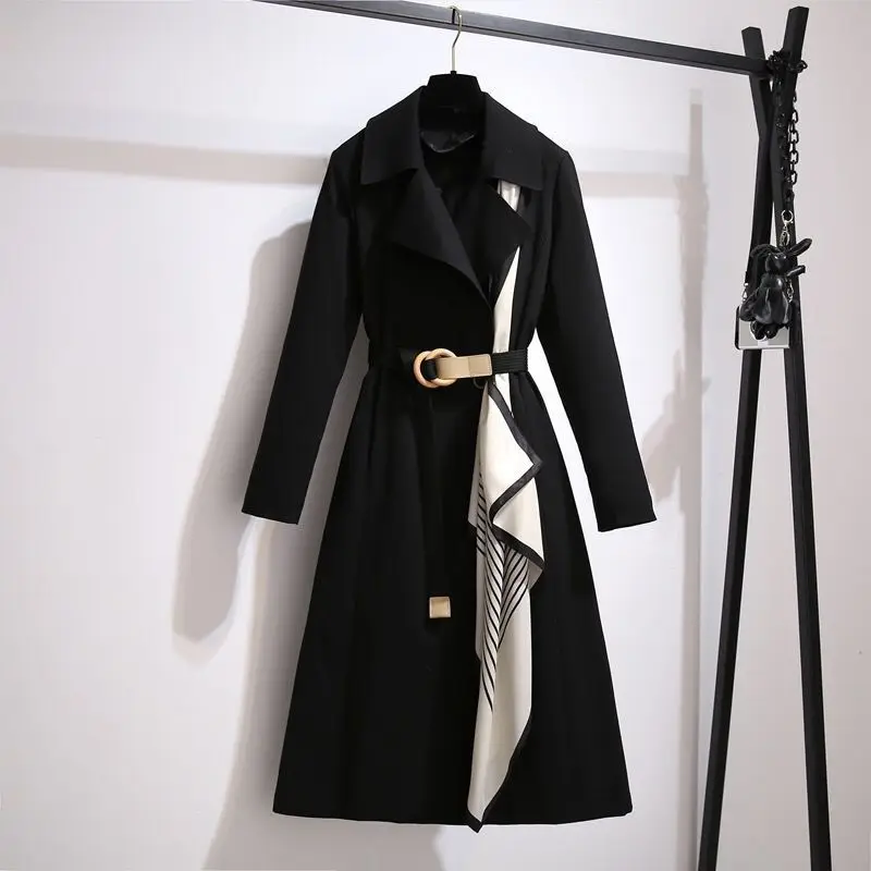 Elegant Office Lady New Style Spring Women's Trench Coat British-Style Lapel with Thin Belt and Scarves Casual Wind Coat