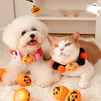 Festival  New Halloween Pet Necklace Solid Orange and Black Cat Plush Pom with Pumpkin Ghost Pom