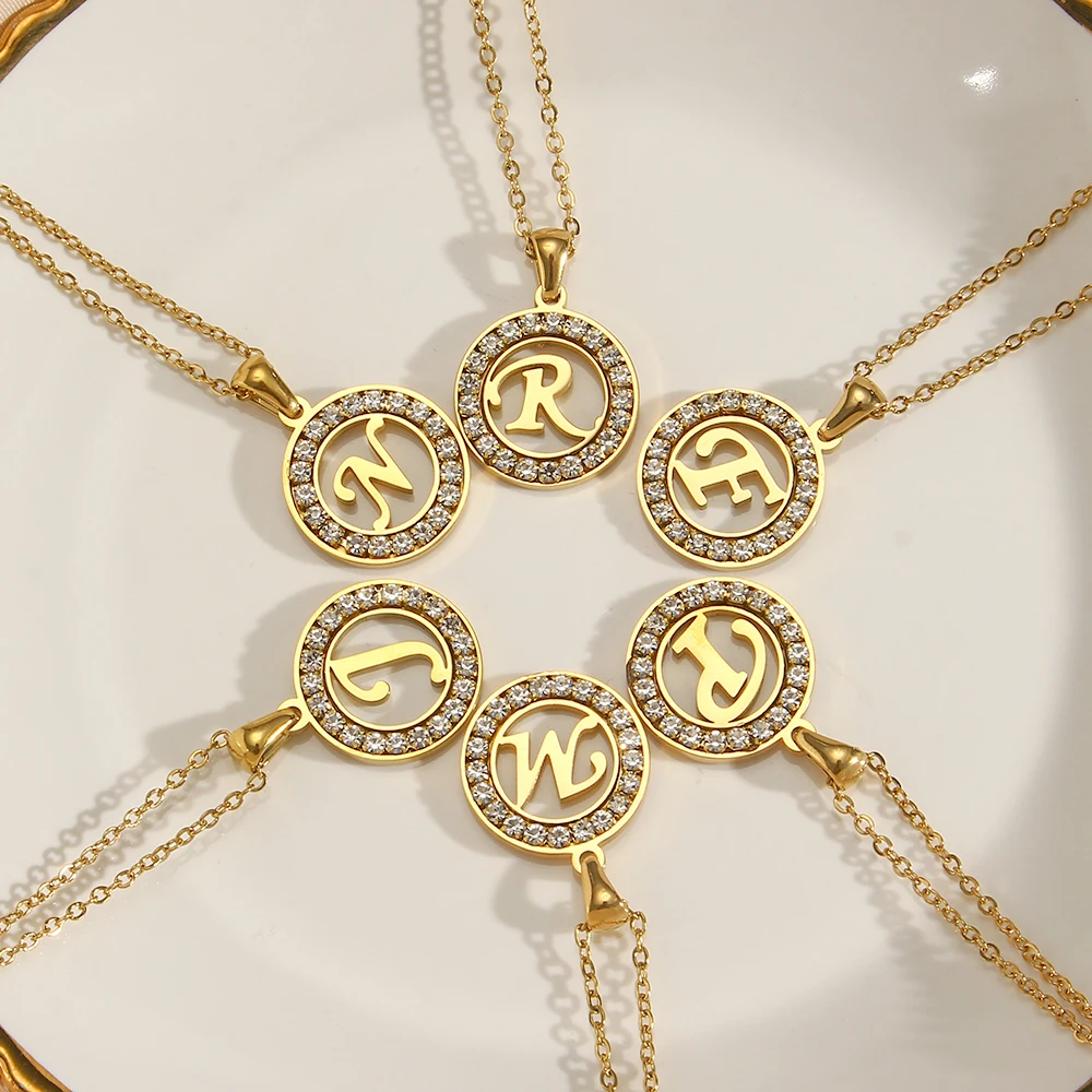 Drop Ship Gifts Hollow Out Zircon Round Initial Necklace 18k Gold Plated Stainless Steel Pvd