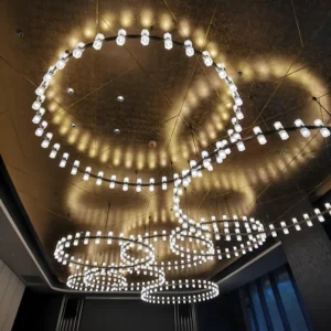 Contemporary Geometric Ring Cluster Chandelier with Frosted Hexagonal Glass Shades for Hotel Banquet Hall Lighting Branch Design