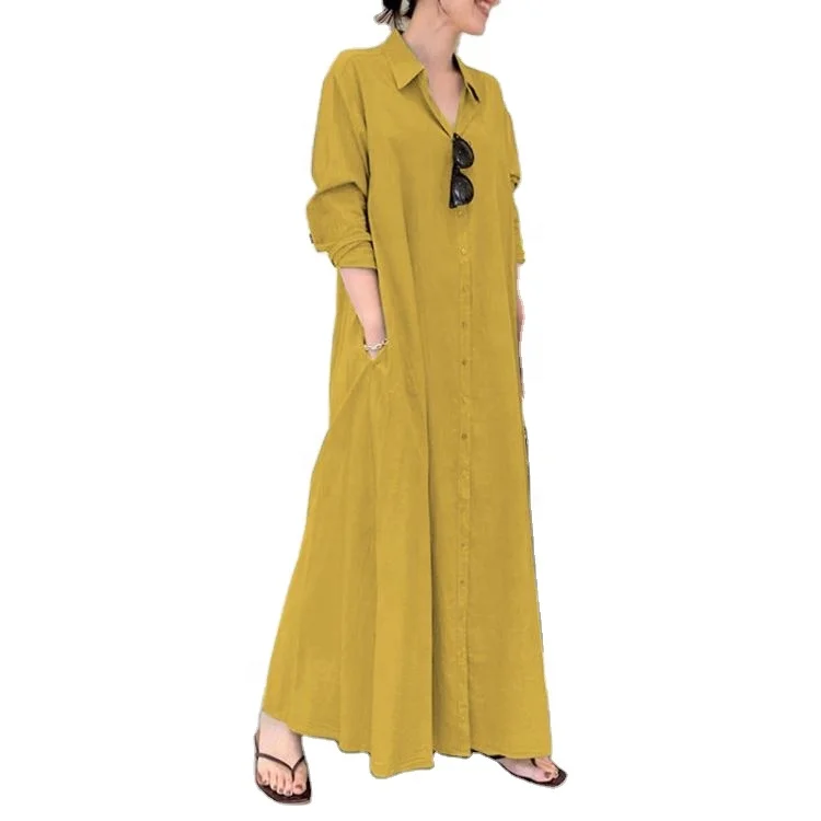 2022 New Style for Women Spring Autumn Shirt Dress Pure Color Long Sleeve Pocket Button Muslim Simple Loose Casual Long Dress