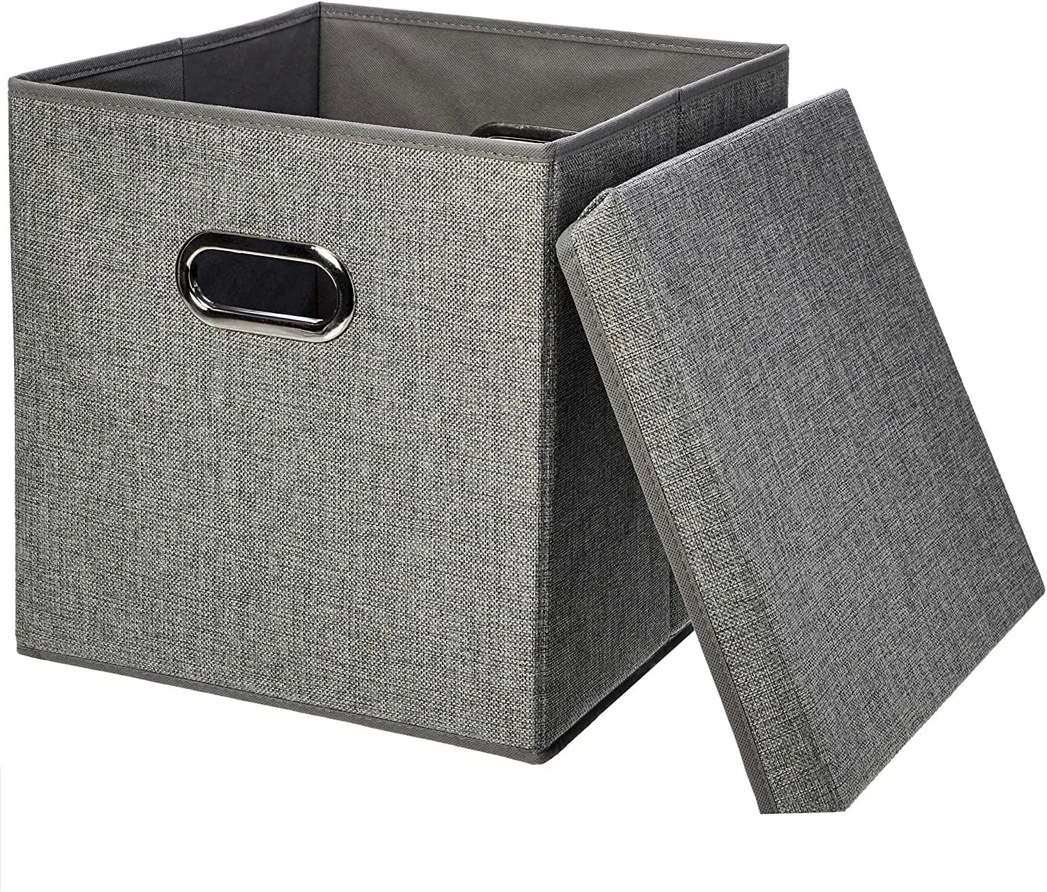 Lucky Monet 2 Pack Linen Fabric Foldable Storage Bin Set Collapsible Storage Box Cube Closet Organizer with Lid & Faux Leather Handle 15”x10”x10” Grey