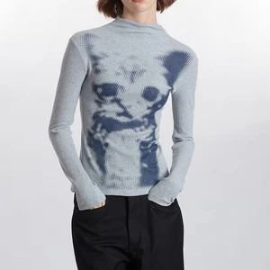 Women's 2026 Autumn Casual Long-Sleeved T-Shirt Checkerboard Cat Printed Slim-Fit Base Knitted Top Stand Collar Digital Printing