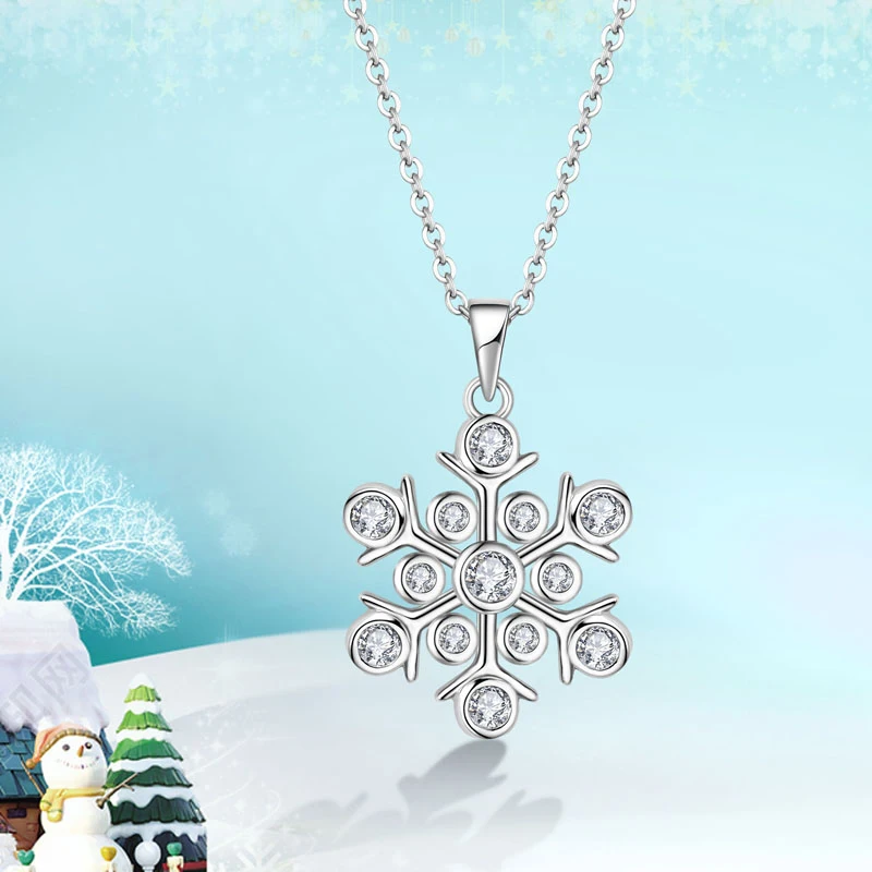 Snowflake Pendant Necklace Sterling Silver With Cubic Zirconia - Christmas Gift For Women - View #3