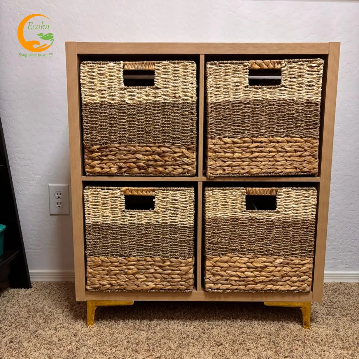 Wicker Storage Cubes with Liners Water Hyacinth Storage Baskets for Shelving, Handwoven Square Baskets with Built-in Handles