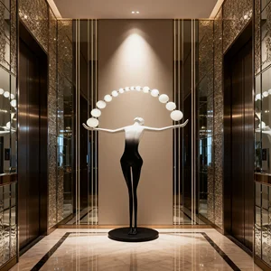 JACKSUN Hotel Art Large LED Resin Cabochon Floor Lamp Girl Holding Air Balloon Decor Human Sculpture Floor Lamp 2.3 Meter