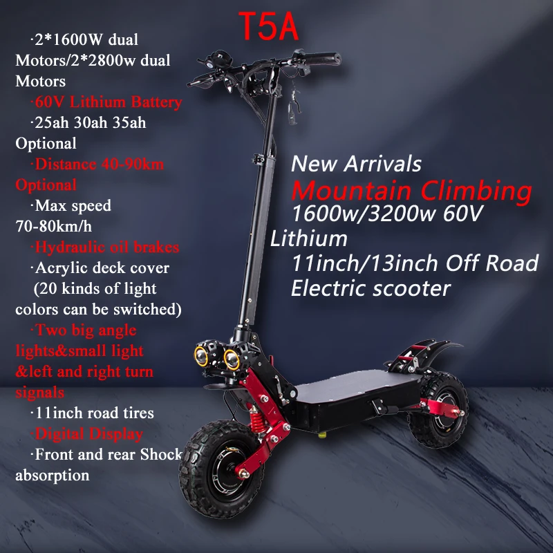 11inch Off Road Tire Electric Scooter Fast Speed 60v 5600w Dual Motors 30ah 40ah Lithium Battery 0789