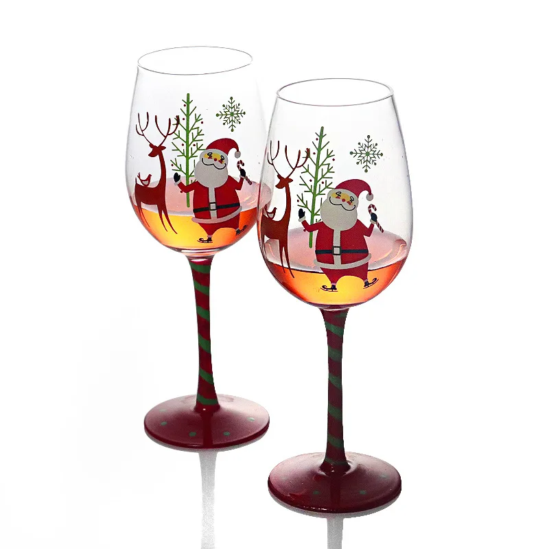Hand Painted Santa Claus with blue hat Wine Glasses set of 2