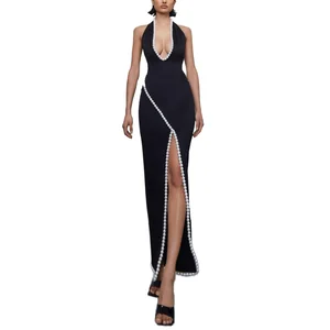 Summer New Women's Sexy V-Neck Black Beaded Pearl High Split Tight Long for Bandage Dress Elegant Celebrity Party Dress Straight