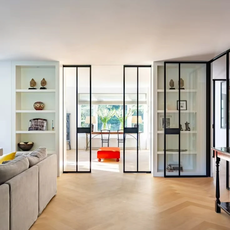 Pocket Sliding Door System - Double Glass with Steel Frame, Hidden in Wall for Bathroom/Closet Modern Design