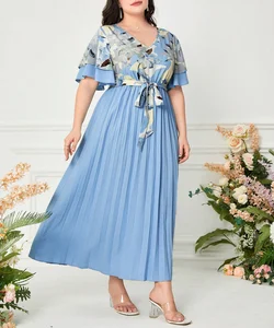 2026 European American Style Floral Pleated Splicing Summer Dress Women Plus Size Breathable Elegant Daily Dress