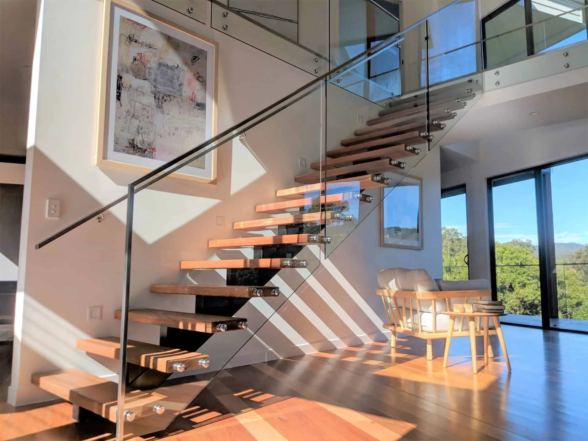 modern indoor standoff glass railing straight stairs with beech wood manufacture