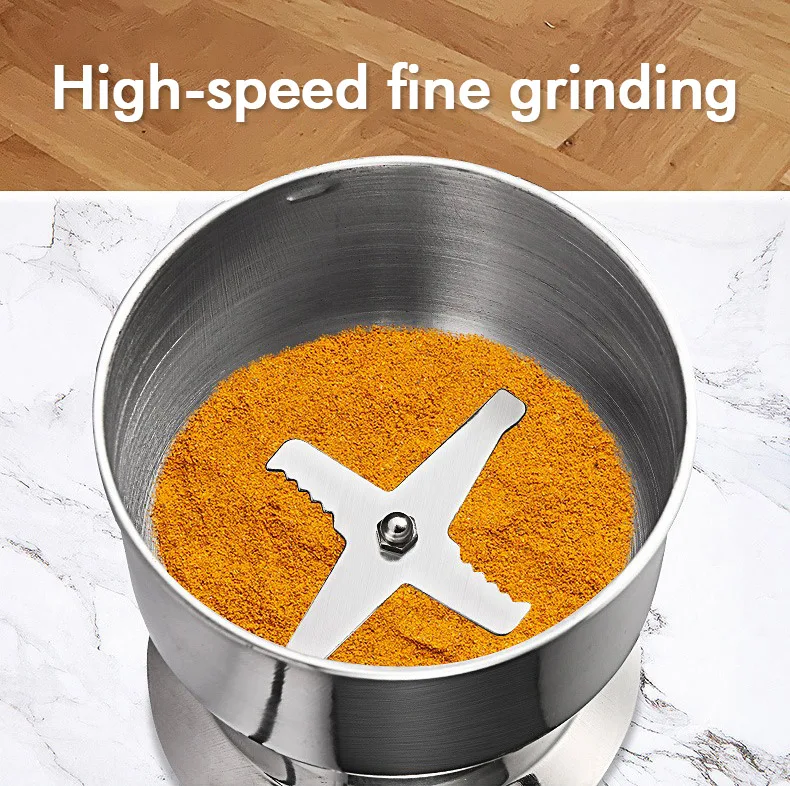 Silver Mini Electric Coffee Grinder for Household Use for Spices and Seeds with 2 Removable Stainless Steel Bowls