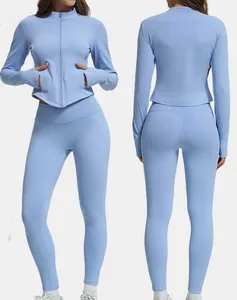 Wholesale Gym Fitness Jogger Sets 2 Pcs Tight-fitting Clothes Outfits Sport  Zipper Long-sleeve Jacket Blue Yoga Set for Women