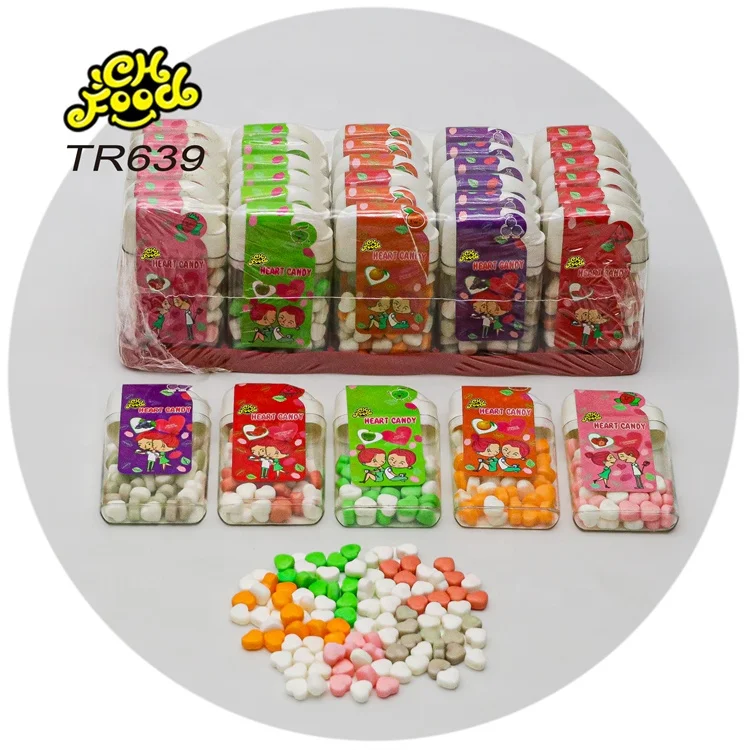 Custom Individual Label Plastic Bottle Packing Fruit Flavor Heart Shape Tablet Candy Wholesale Halal Candy Toy