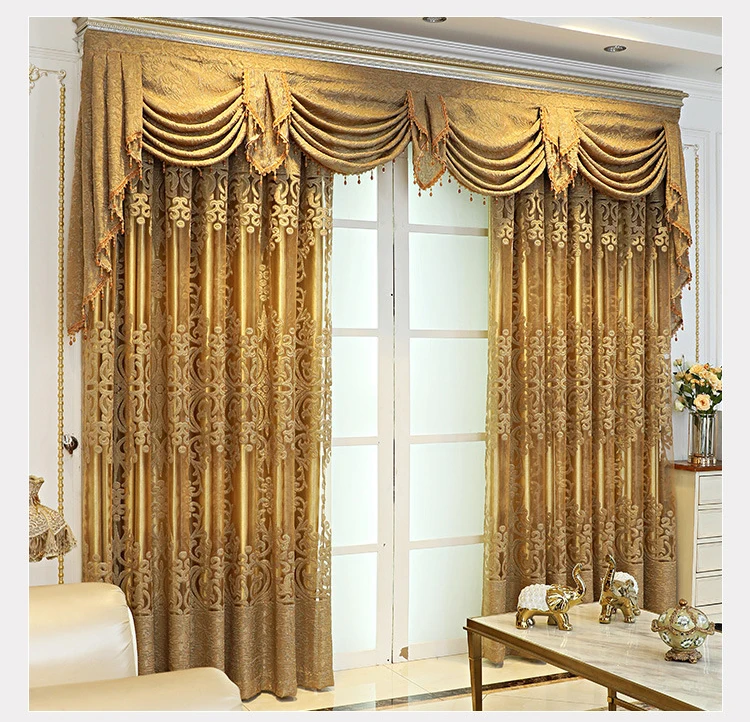 European Style Living Room Shiny Gold Jacquard Curtains Double Layers ...