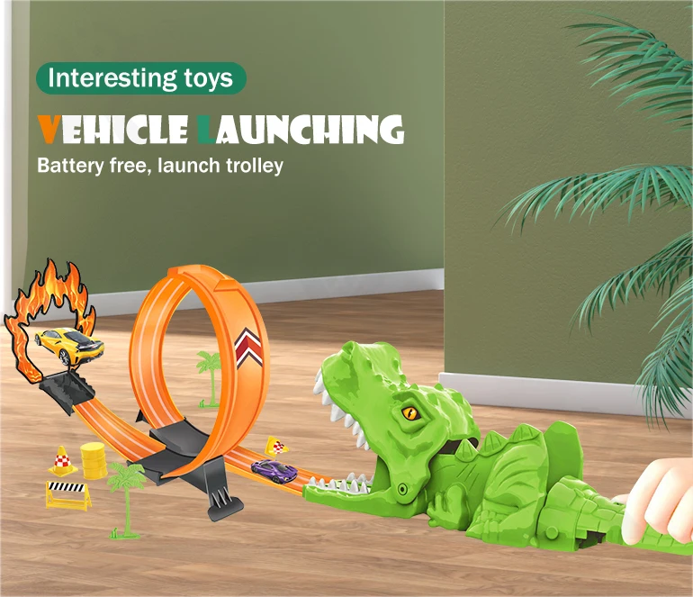 Chengji juguetes DIY assemble shooting die cast car plastic dinosaur launch railway track toy dinosaur ejection rail car