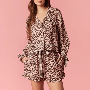 Women Leopard Print Pajama Set Gingham Trim Long Sleeve Button Down Top Ruffled Shorts 2Piece Loungewear with Pockets