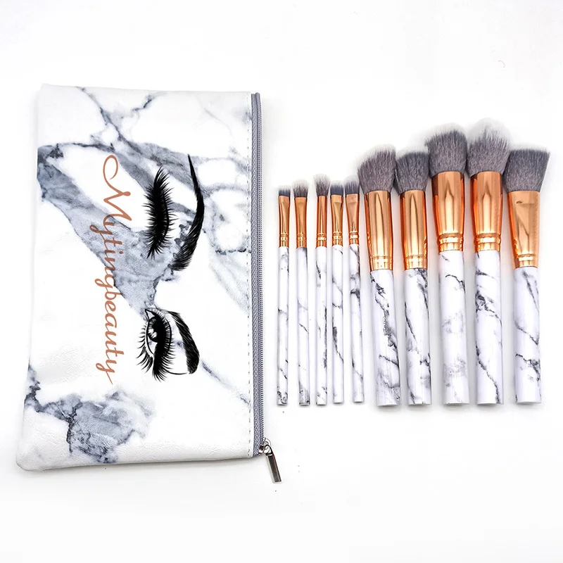 Muting 10pcs Marble Makeup Brush with PU bag Cosmetic Make Up foundation Brushes Custom Logo Private