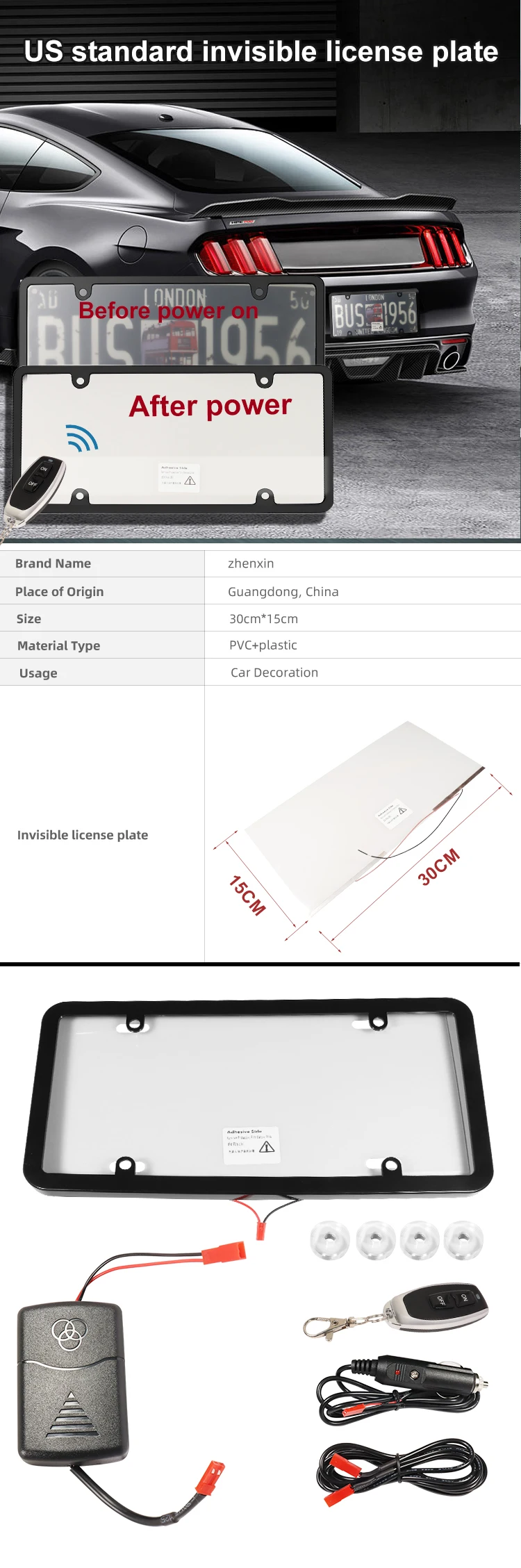 Us Standard 30*15mm License Plate Cover Electric Smart Dimming Film