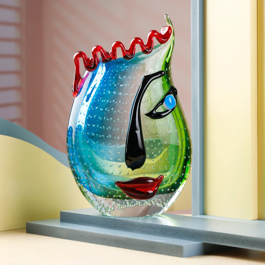 Hot Selling Green Handmade Murano Art Glass Face Vase Modern Design Style