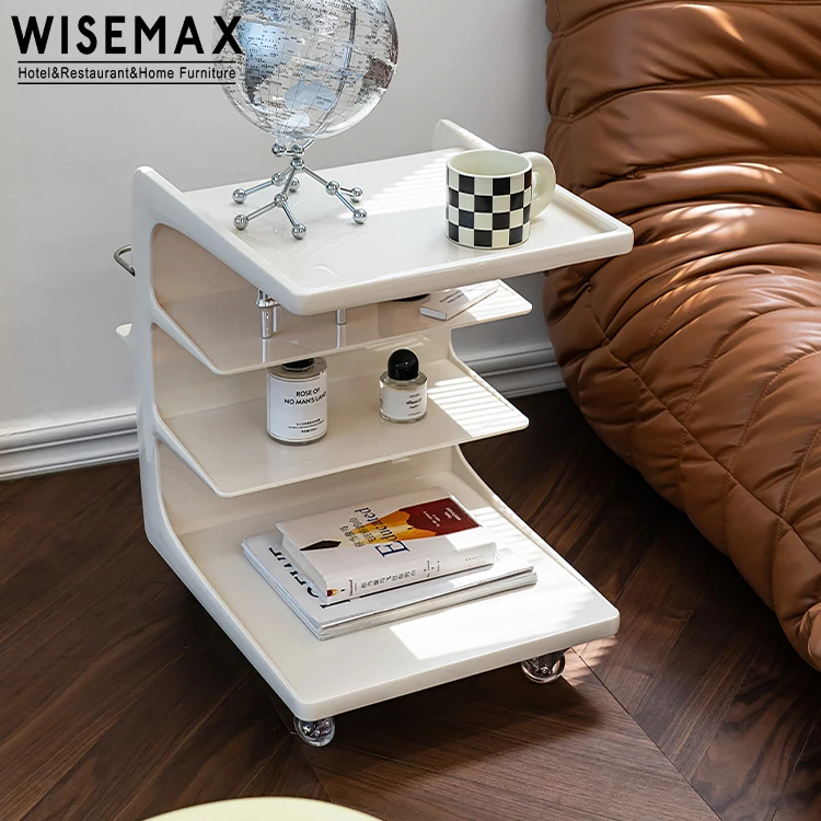 WISEMAX FURNITURE Nordic Living Room Furniture C Shape White Side Table Plastic Frame 4 Layers Coffee Table with Wheel