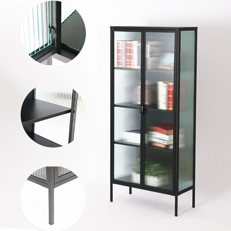 Apartment Display Showcase Storage Cabinet Metal Frame Glass Door Four-storey Display Cabinet with Fluted Glass Door