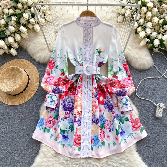 ZT1211 Linen floral print dress Stylish sweet standing collar mini dress
