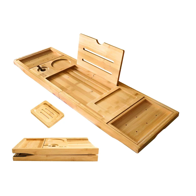 Expandable Bath Tray Eco-Friendly Wooden Bathtub Caddy Tray Expandable Bath Organizer with Book Wine Holder for Luxury Bath