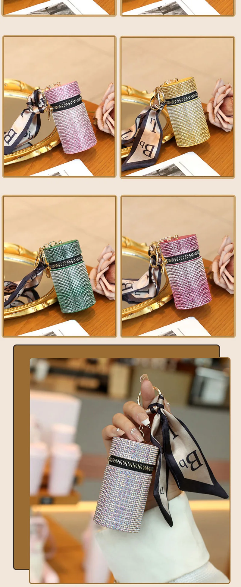 Mini Glitter Lipstick Bag Pocket Leather Keychain Lipstick Bucket Bag