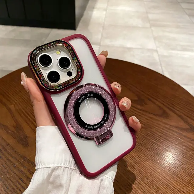 Colorful lens with diamond glitter magnetic bracket internet celebrity suitable for iPhone14 15 ProMAX Mobile  phone case