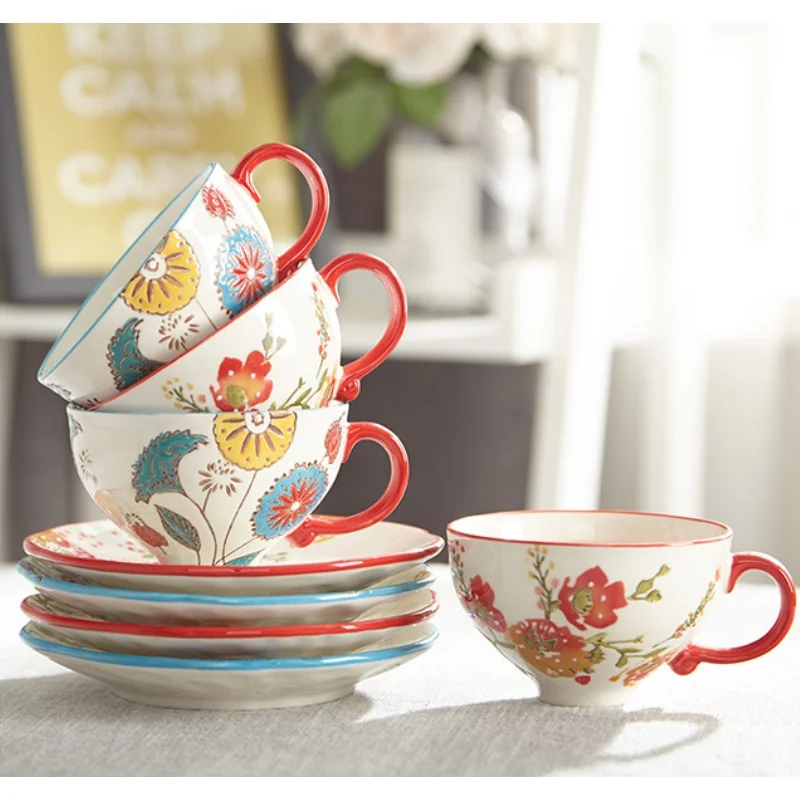 Factory Stock 280ml New Bone China Hand-painted Ceramic Cup and Plate Set  Tea Cups Coffee Mugs Gift Mug