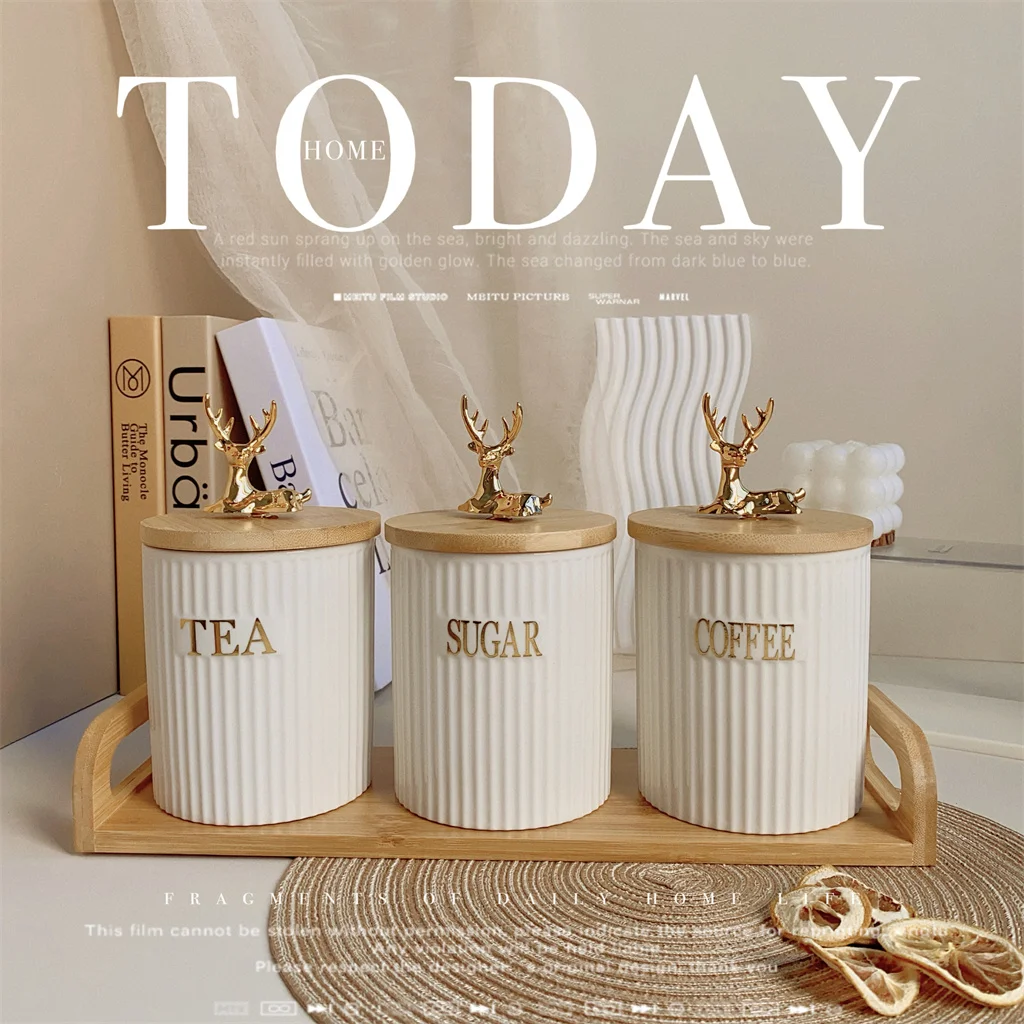 Ribbed porcelain tea coffee sugar canister with