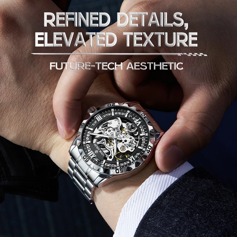 LOUIE JUELEN Men's Luxury Automatic Mechanical Watch 46mm Stainless Steel Band Waterproof Luminous Coin Charm Business Casual