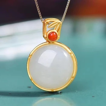 Silver nature Hetian white jade Round Pendant Necklace Chinese style retro charming women&#39;s Christmas Halloween Gift