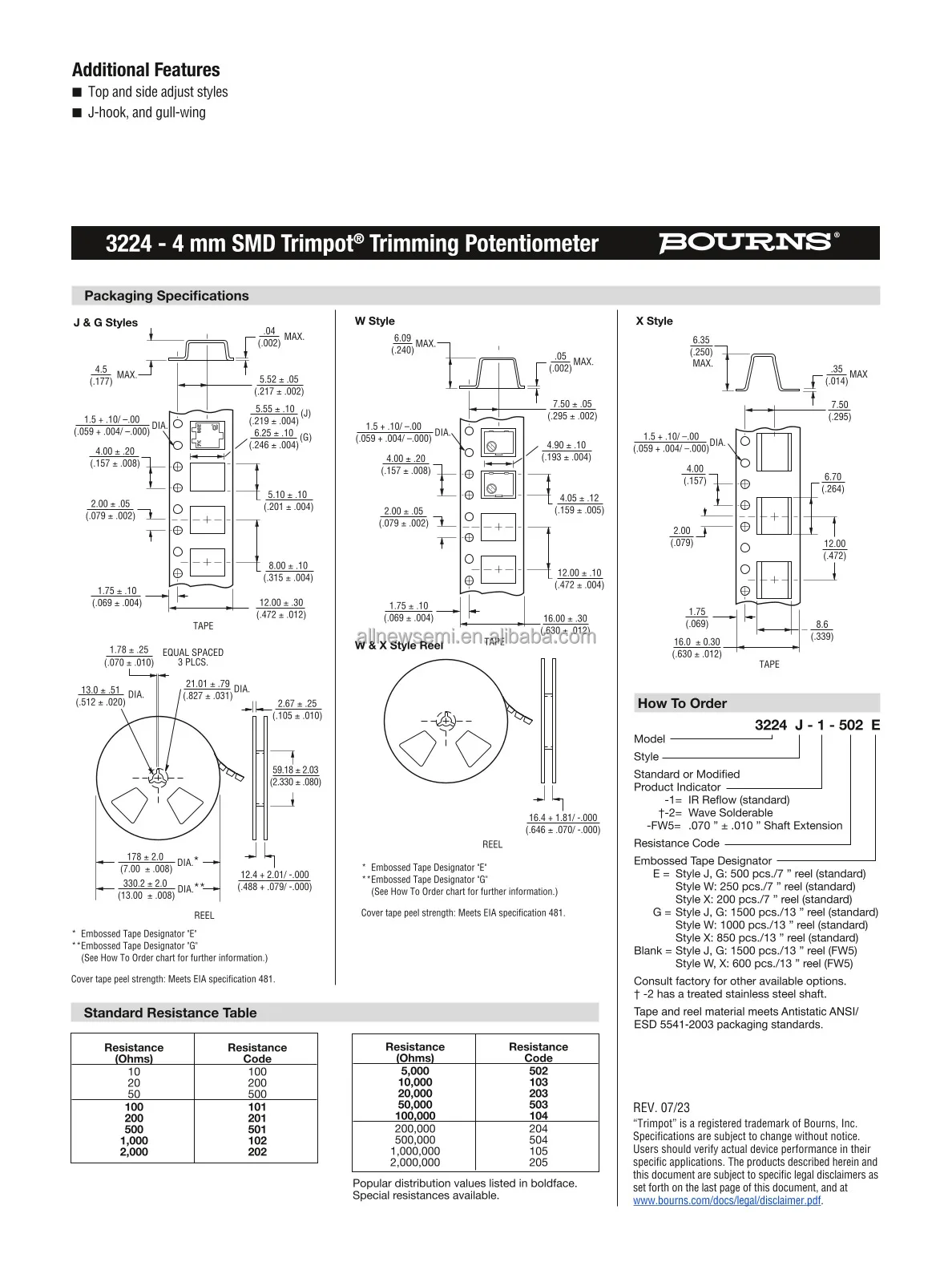 Hot sale Original 3224X-1-103E Trimmer Potentiometer 10 kOhms 0.25W 1/4W Gull Wing Surface Mount Cermet 12.0 Turn Top Adjustment