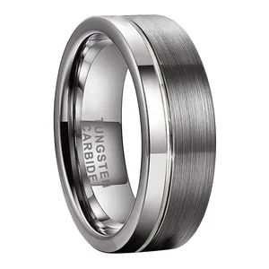 Coolstyle Jewelry 8mm Pipe Cut Offset Line Tungsten Carbide Ring for Men Women Fashion Engagement Wedding Band