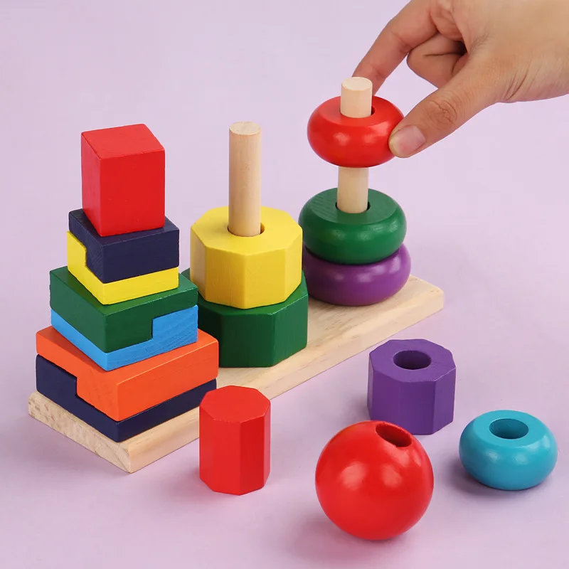 HOYE CRAFT Wooden Rainbow Tower Shape Sorter Stacker Toys Stacking Game