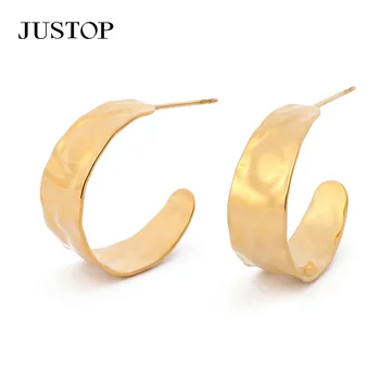 2024 Fashion Hammered Hoop Earring High Quality Stainless Steel 18K Gold Plated Jewelry C Shape Earrings