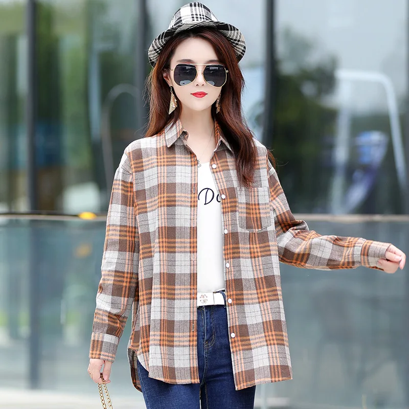 Fashion Women Plaid Shirt Chic Checked Blouse Long Sleeve Female Casual  Print Shirts Loose Cotton Tops