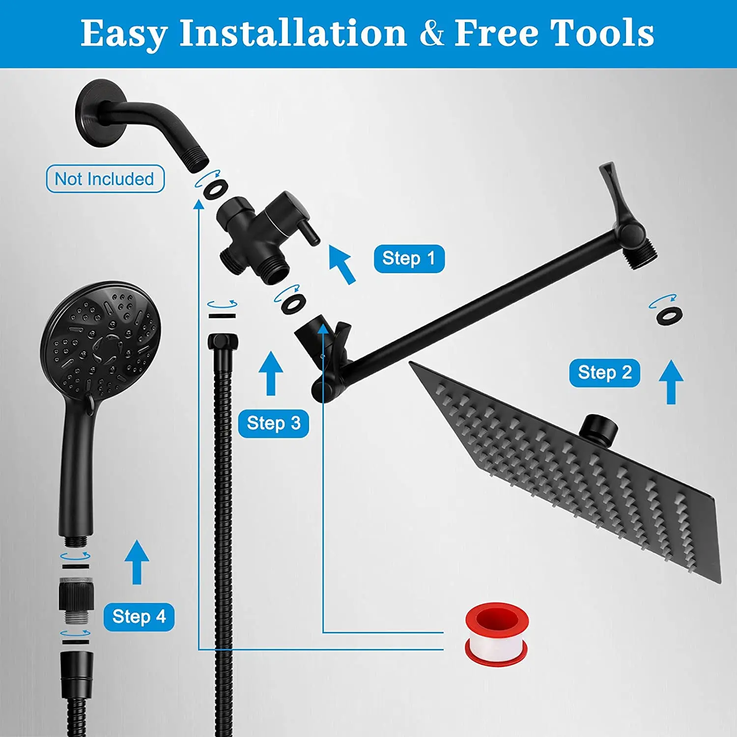 8 Matte Black High Pressure Rainfall Shower Head With 9 Function Handheld Spray And 11 4776