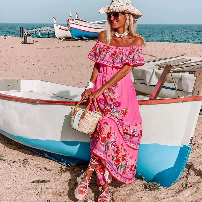 Casual Mexican Bohemian Dresses Ethnic Long Gown Tropical Sundress Boho  Outfits Peasant Clothes Floral Dress