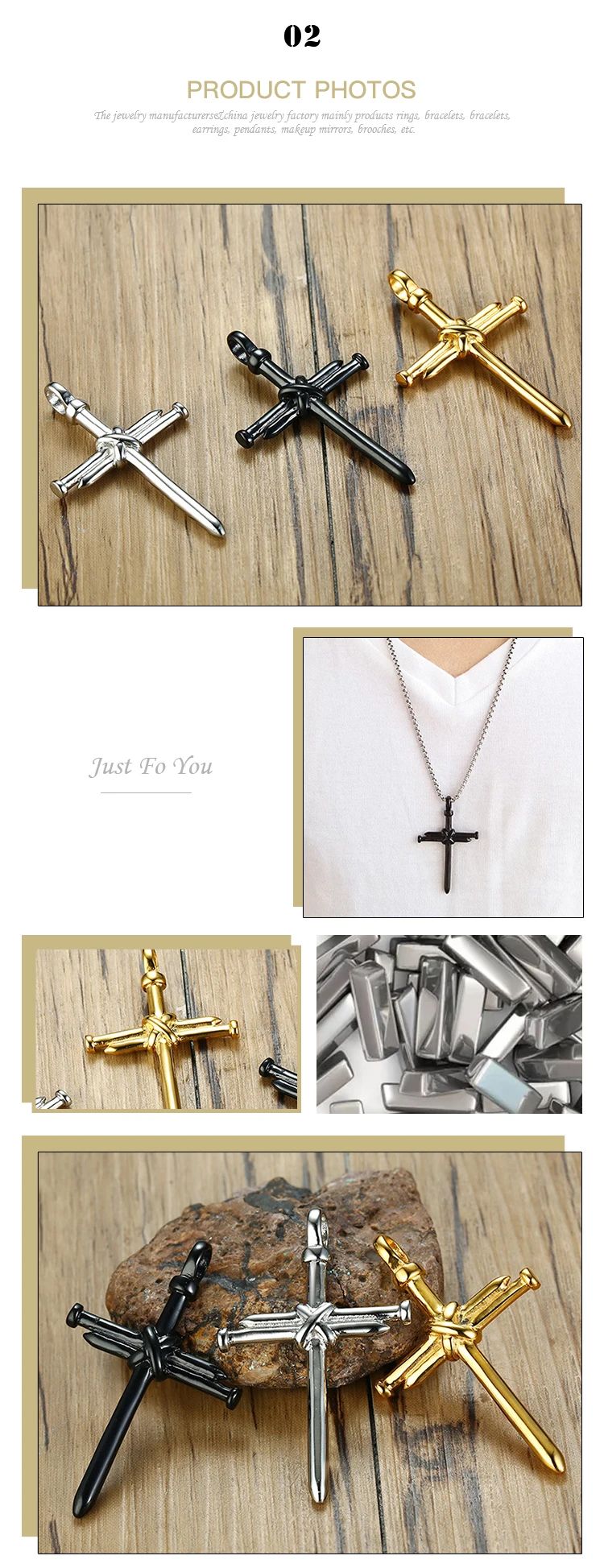 2021 New Design Gold/Silver/Black Three-color Stainless Steel Nail Cross Pendant Men's Necklace PN-1107