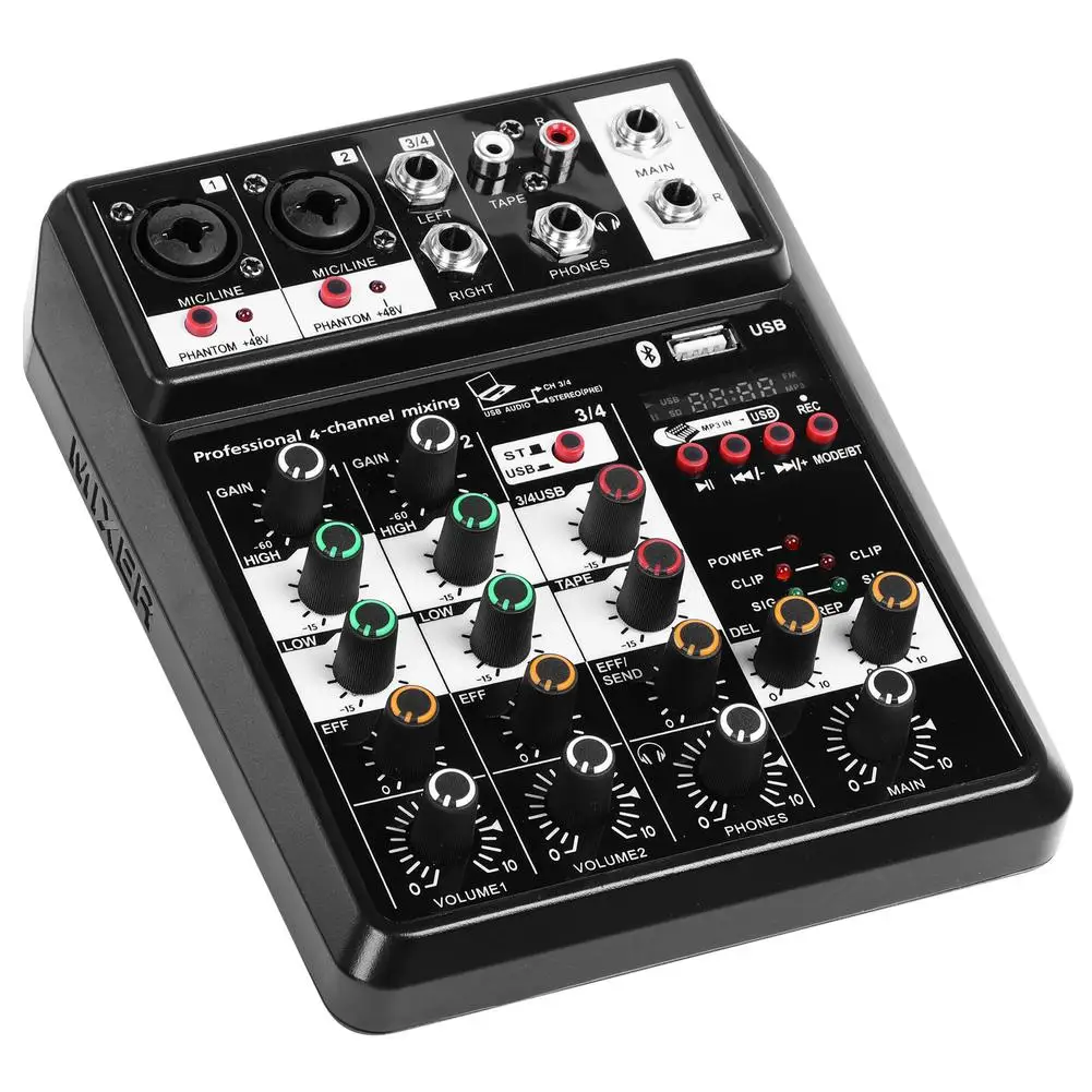 Professional 4-Channel Portable USB Audio Interface Mixer for Bluetooth Sound Mixing Console for Video & Lighting Blue Mobile